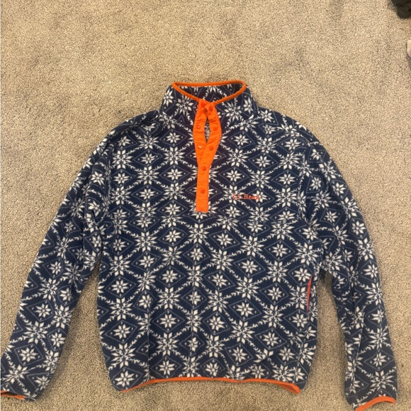 L.L. Bean Tops - L.L.Bean Snowflake Fleece Snap Pullover Women’s Large Navy Orange Winter Nordic